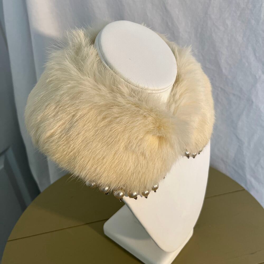 Vintage Ivory Fur Capelet Collar – Faux Pearl Drop Fringe Japan